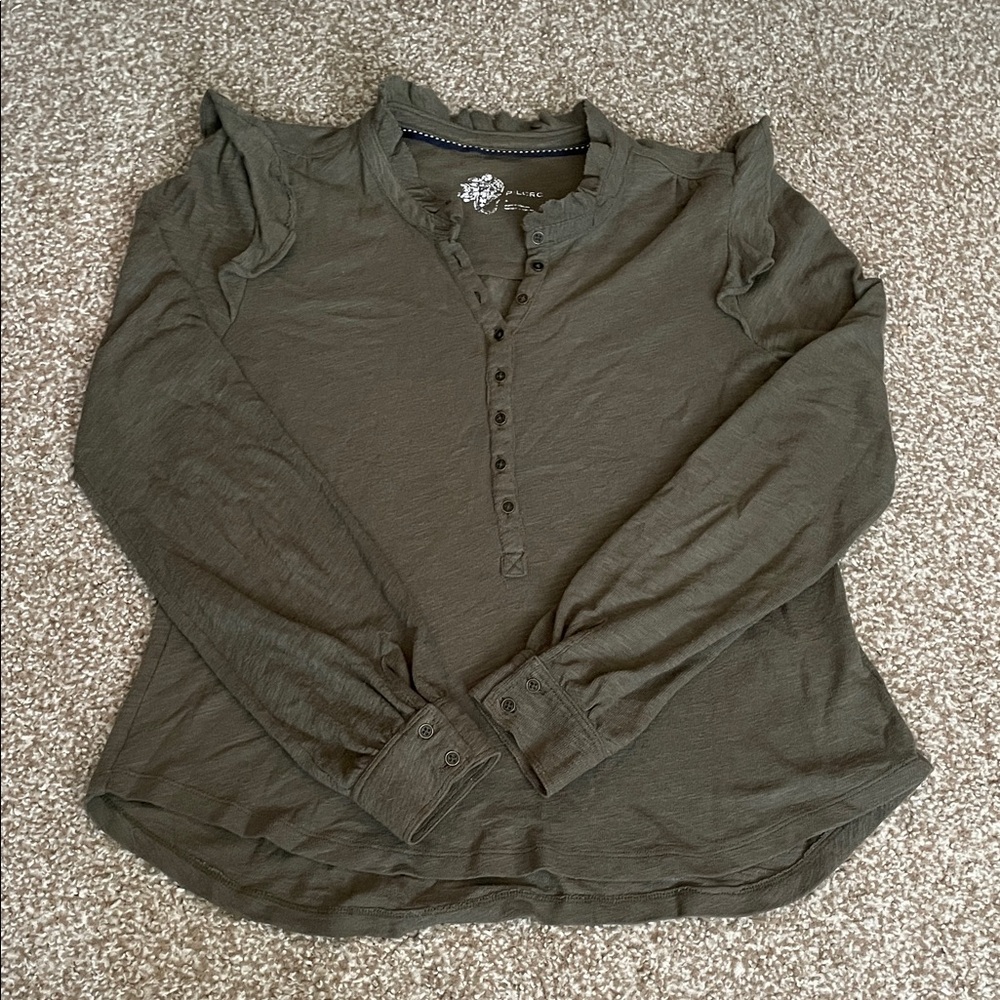 Anthropologie Pilcro Olive Green Ruffle Thermal Henley Shirt